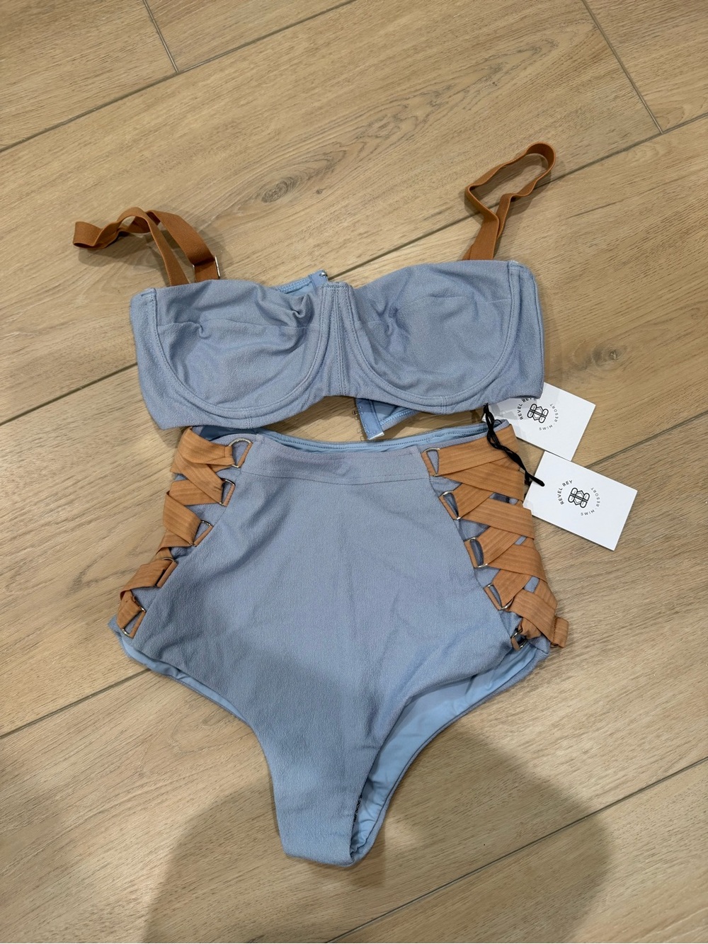 High-Waist Two-Piece Bikini Set in Light Blue with Tan Straps